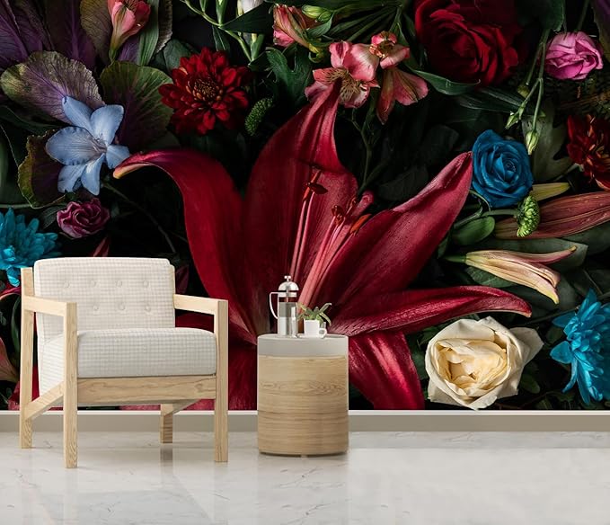 Large Dark Floral Wallpaper Colorful Spring Flowers Background Wall Mural (Not Peel and Stick)-Ruum Studio Home