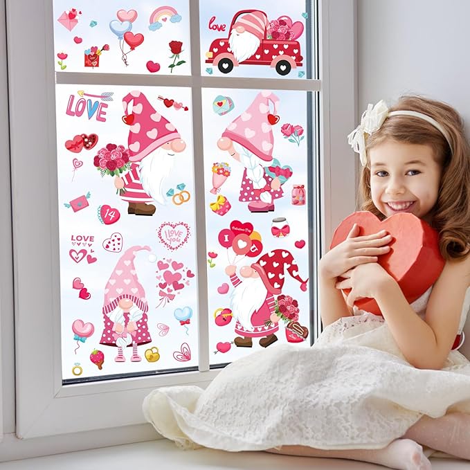 DC-BEAUTIFUL 107 PCS Valentines Window Clings, 9 Sheets Double-Sided Pink Love Heart Gnome Valentine Decoration Window Stickers, Reusable Static Holiday Window Decals for Home Wedding Party Decors-Ruum Studio Home
