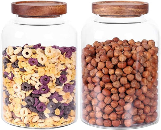 Thicken Glass Storage Jar, Food Storage Container/Canisters with Airtight Wooden Lid for Tea, Coffee, Honey, Cacao Powder,BPA Free Perfect as a Cereal Dispenser (7.6inch 2pcs)-Ruum Studio Home
