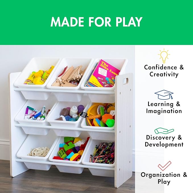 Humble Crew 9-Bin Toy Organizer – Hampton Sandwashed with White Plastic Bins, 3-Tier Storage Solution for Kids' Playrooms and Nurseries-Ruum Studio Home