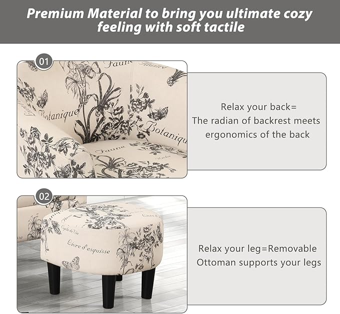 INZOY Modern Accent Chair with Ottoman for Small Space, Club Chair with Ottoman Set, Comfy Fabric Barrel Reading Chairs for Living Room Bedroom, Round Reading Chair with Foot Rest, Flower Pattern-Ruum Studio Home