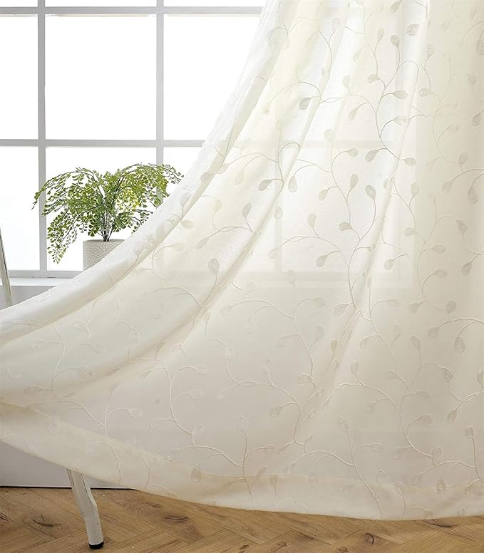 MIUCO Floral Embroidery Semi Sheer Curtains Faux Linen Grommet Curtains for Bedroom 52 x 63 Inch 2 Panels, Off White-Ruum Studio Home