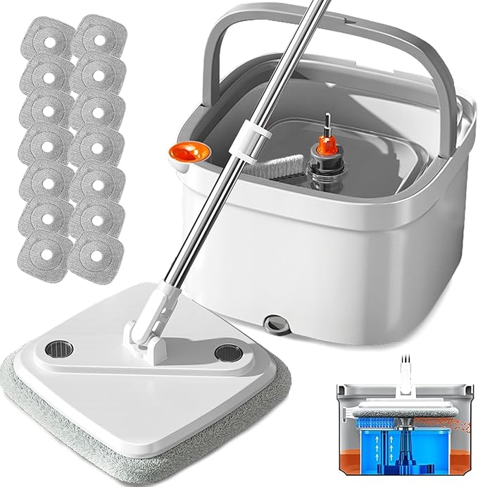 KZKR Spin Mop and Bucket Set with Self Separation Dirty and Clean Water System, Self Wringing 360° Rotating Square Mop Head for Home Floors Cleaning (1.0 Mop and Bucket Set (14 Pads))-Ruum Studio Home