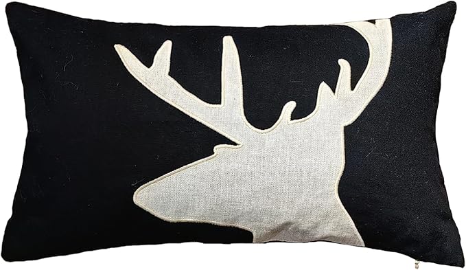 Lumbar Pillow Covers 12x20 Inches Black Decorative Cotton Linen Deer HeadThrow Lumbar Waist Embroidered Cushions Covers for Couch Sofa Bedroom-Ruum Studio Home