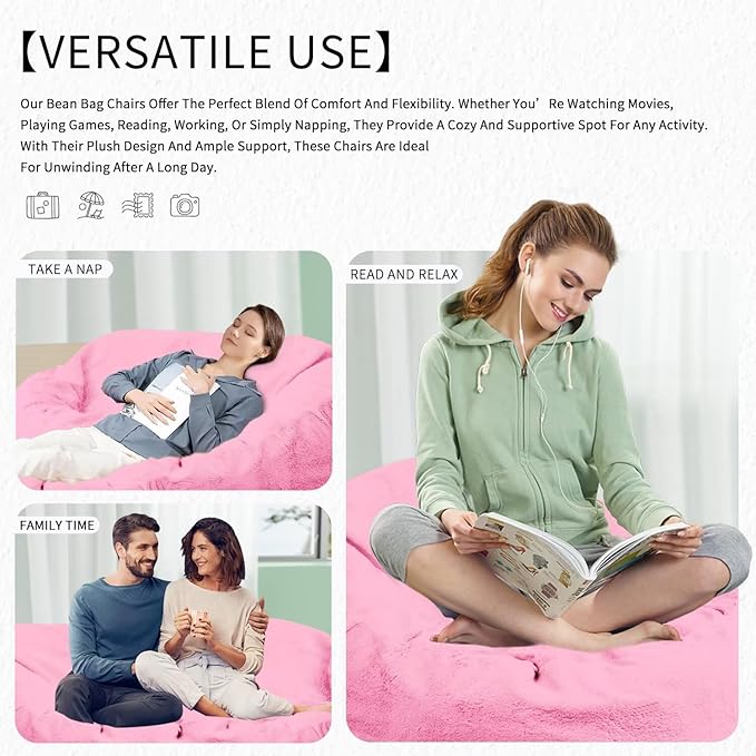 Bean Bag Chair for Adults 6FT,Soft Removable Cover for Teens/Girls Bedroom,Fluffy Giant Round Floor Beanbag Lounger Chairs (No Filler,Pink)-Ruum Studio Home