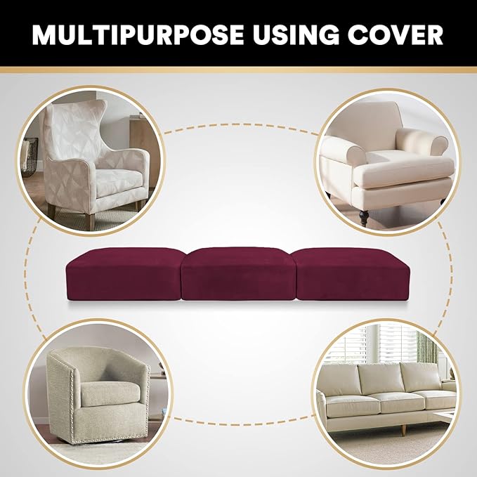 PrinceDeco Stretch Couch Cushion Covers Fitted Individual Seat Couch Slipcover Sets Velvet Fabric Soft Slip Cover for Chair Sofa Cushion Furniture Protector(Each Width Up to 29.5",Burgundy)-Ruum Studio Home