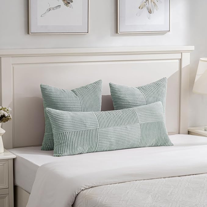 Fancy Homi Set of 2 Grey Blue Boho Long Lumbar Body Decorative Throw Pillow Cover 14x36 Inch for Bed Couch Bedroom Bench, Soft Patchwork Corduroy Textured Pillow Case, Rustic Farmhouse Room Décor-Ruum Studio Home