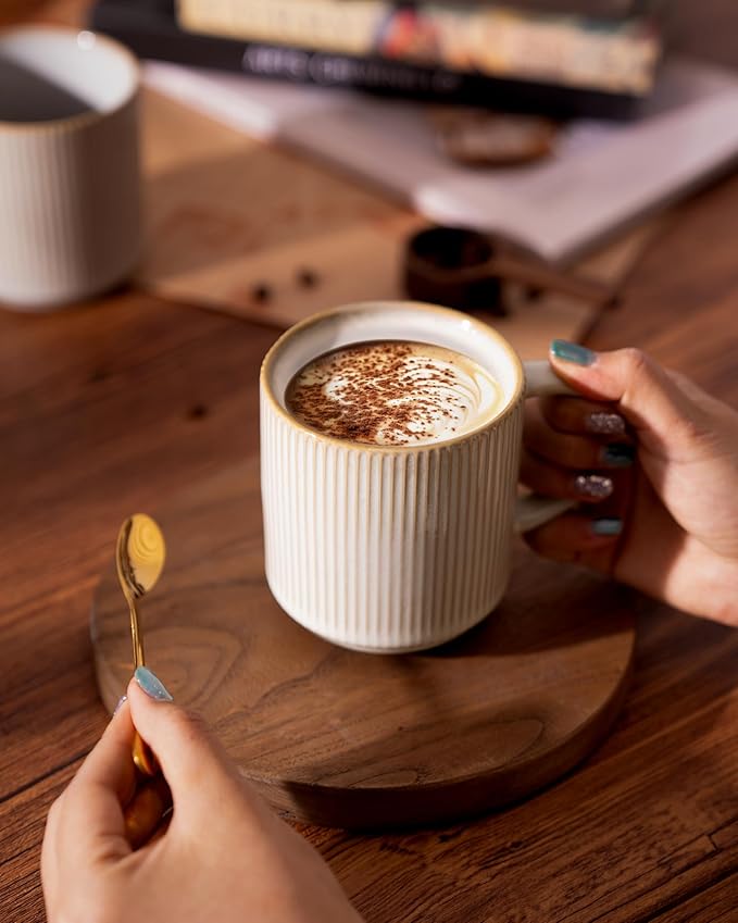 famiware Coffee Mug Set for 6, Star 12 oz Catering Mugs Cup Set with Handle for Coffee, Tea, Cocoa, Milk - Ceramic Stoneware Drinkware Set, Cappuccino White-Ruum Studio Home