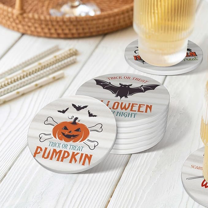 6 PCS Halloween Coasters with Metal Holder and Cork Base Ceramic Drink Coasters Absorbent Cup Mat Non-Slip for Home Kitchen Office Table Decor, 4 Inch Halloween 1-Ruum Studio Home