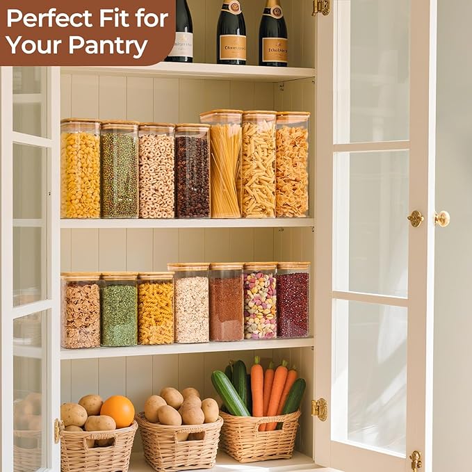 ComSaf 1.4 Qt Glass Storage Containers with Lids, Glass Jars with Lids, Clear Food Storage Jar, Square Canister Set of 3, Pantry Organizers and Storage for Flour Oat Pasta Tea Cookie Coffee Bean-Ruum Studio Home