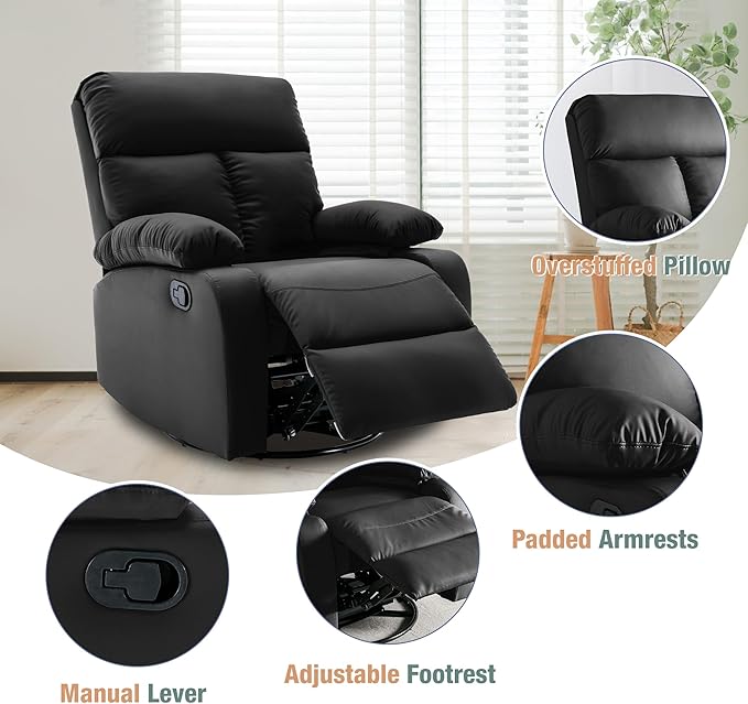 Swivel Rocker Recliner, Rocking Recliners Chair for Small Spaces, Small Rocker Recliner Chair, Nursery Rocking Chairs for Living Room, RV, Nursery, Black-Ruum Studio Home