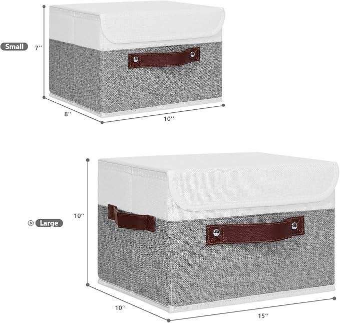 ANMINY Storage Boxes with Lids Washable Decorative Storage Bins Basket with PU Leather Handle Foldable Linen Fabric Storage Cubes Containers for Home Closet Organizer - Gray White, Large Size-Ruum Studio Home