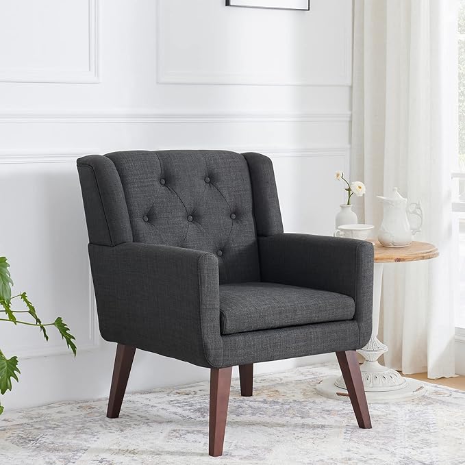 Accent Chair Button-Tufted Upholstered Living Room Chairs Comfy Reading Chair Mid Century Modern Chair with Linen Fabric Lounge Arm Chairs for Living Room Bedroom (Grey Set of 2)-Ruum Studio Home