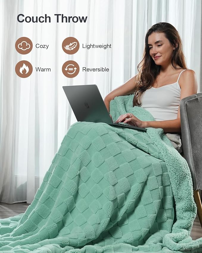 Pawque Super Soft Cozy Throw Blanket Twin Size for Couch Bed, Fluffy Sherpa Fleece Reversible Thick Warm Fuzzy Blanket for All-Season, 3D Checkered Jacquard Decorative Blankets, Sage Green, 60"x80"-Ruum Studio Home