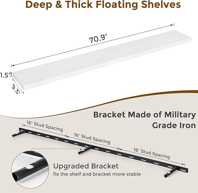 72 Inch Floating Shelves White, 72 x 9 Rustic Wooden Fireplace Mantel, 9 Inch Floating Shelf for Wall, Farmhouse Wall Shelves for Home Storage & Display-Ruum Studio Home