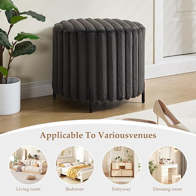 Furniliving Modern Round Ottoman, Large Size Bedroom Ottoman Footstool Round Ottomans Stool for Living Room, Bedroom, Makeup Room, Black, Faux Fur-Ruum Studio Home