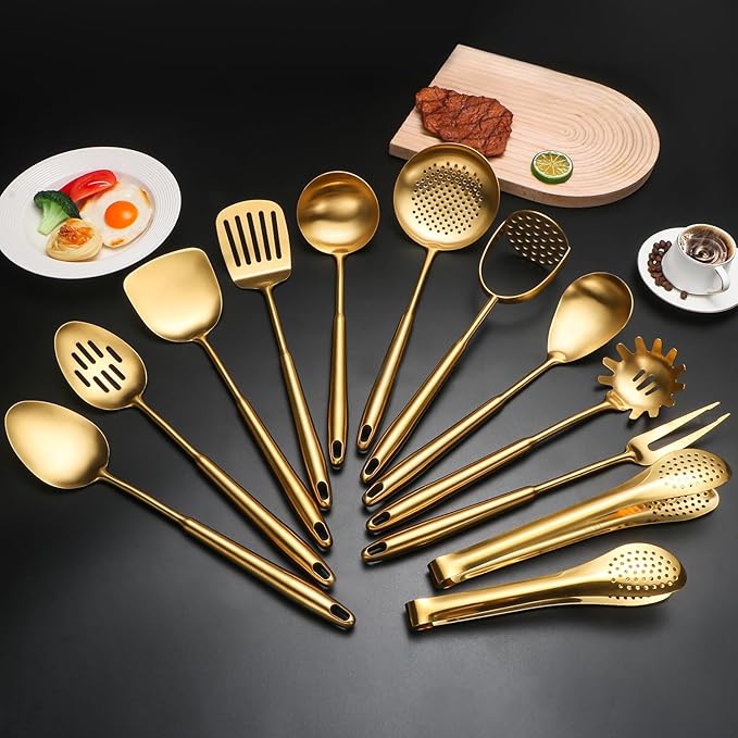 304 Stainlss Steel Matte Kitchen Utensils Set, 12 Pcs Long Metal Cooking Utensil Gadgets Tools Set with Spatula, Ladle, Spoon, Ladle, Skimmer, Tunner, Pasta Server, Tongs(Gold, Dishwasher Safe)-Ruum Studio Home