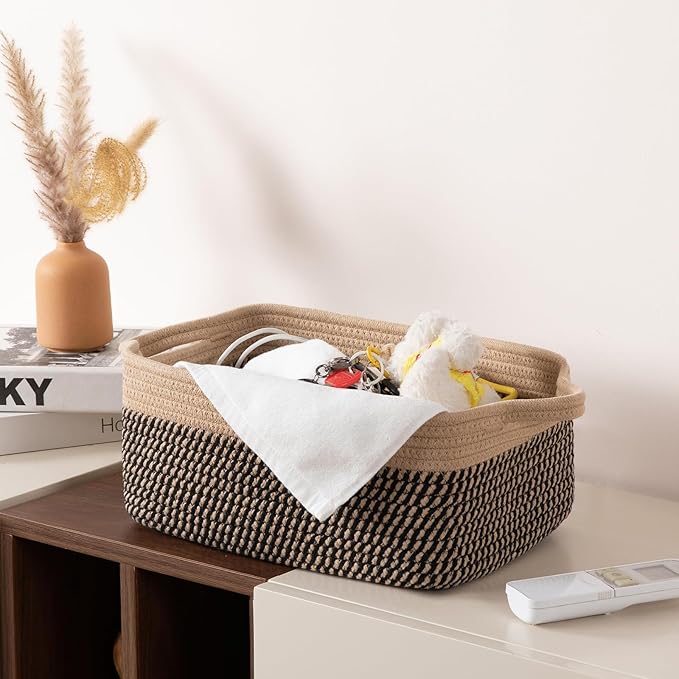 OIAHOMY 3 Pack Storage Baskets for Organizing, Woven Cotton Rope Basket for Shelves, Closet Organizer Bins with Handles, Rectangle Toy Organization, 13.78''×9.84''×5.5'', Brown & Black-Ruum Studio Home