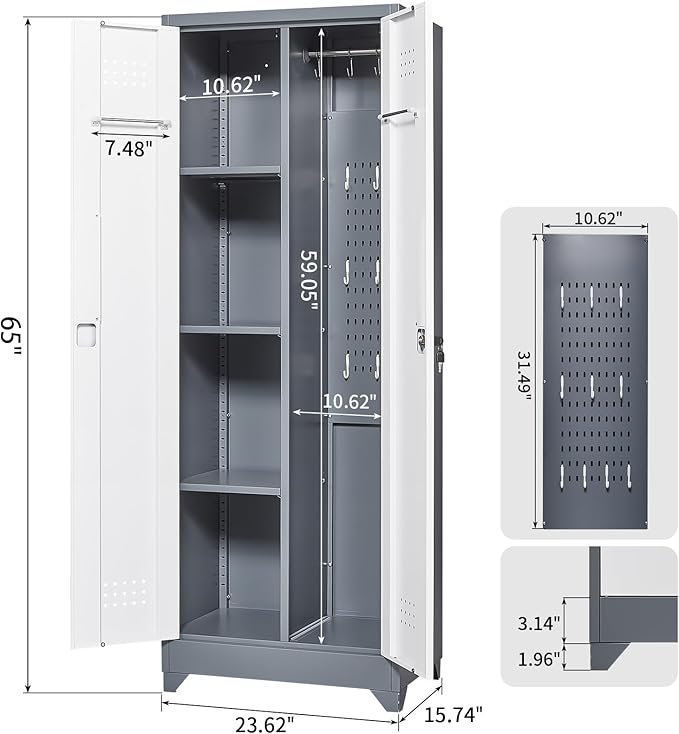 Locking Cabinet,Metal Storage Cabinet with Doors and Shelves,Broom Closet Storage Cabinets for Bedroom,Home Office,Grey-White-Ruum Studio Home