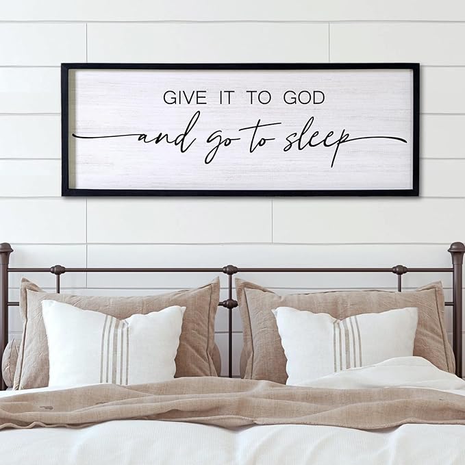 Give It to God and Go to Sleep Decorative Rustic Sign & Plaque Framed Wall Art for Couples, 40''×15'' Cottagecore Wooden Horizontal Wall Decor Above Bed, Vintage Farmhouse Wedding Gift for Bedroom-Ruum Studio Home