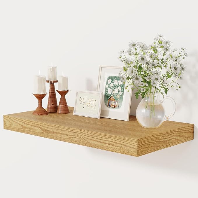 12 Inch Deep Floating Shelves, 24 x 12 Floating Shelf for Books, Rustic Wood Deep Wall Shelves for Home Storage & Display, 2" Thicked Shelves for Kitchen, Living Room, Bedroom, Oak Color, 1 Pack-Ruum Studio Home