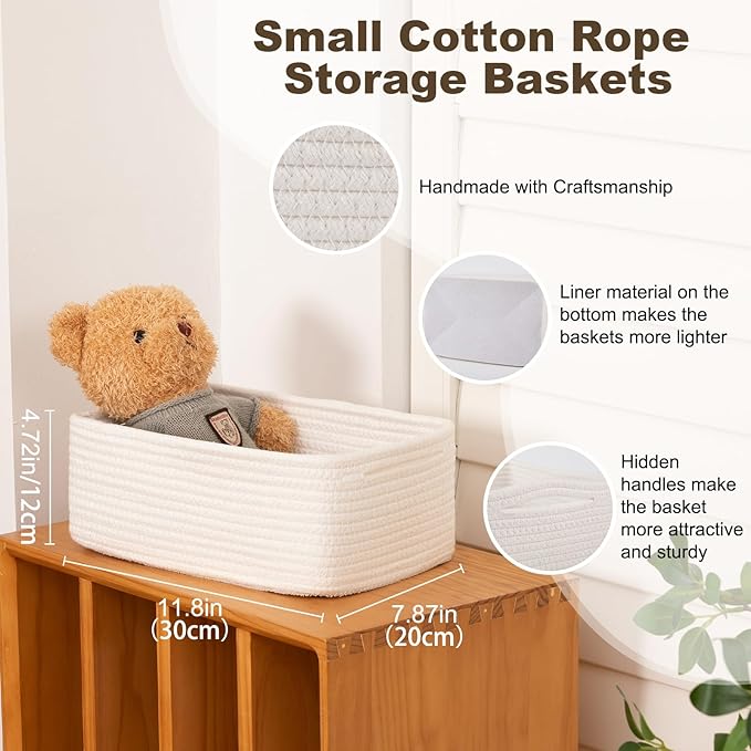 3 Pack Small Storage Baskets for Organizing, Cute Woven Decorative Gift Baskets for Shelves, Mini Closet Organizer Bins with Handles, 11.81''Lx7.87''Wx4.72''H-White-Ruum Studio Home