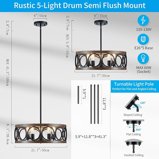 XINGQI 21.7'' Modern Chandelier, Farmhouse Drum Chandeliers for Dining Room Living Room Bedroom 5-Light Pendant Lighting Round Black Metal Antique Wood Grain Finish Adjustable-Ruum Studio Home