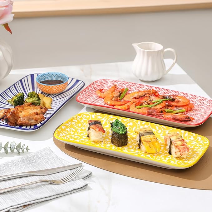 Selamica Ceramic Rectangular Serving Platters Set of 4, 12 Inch Serving Trays/Dishes for Party Entertaining, Rectangular Dinner Plates for Appetizer Salad Dessert Sushi, Assorted Colors-Ruum Studio Home