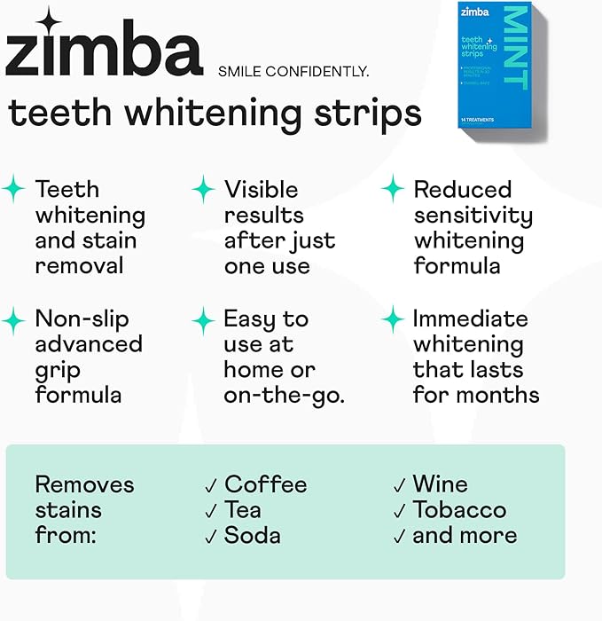 Zimba Coconut Flavored Teeth Whitening Strips | Vegan, Enamel Safe Hydrogen Peroxide Teeth Whitener for Coffee, Wine, Tobacco, and Other Stains | 14 Day Treatment | Coconut-Ruum Studio Home