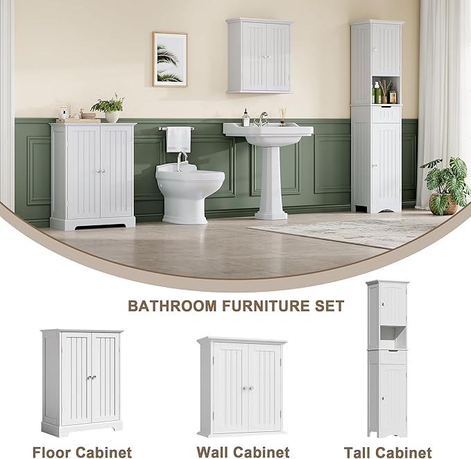 ChooChoo Bathroom Floor Cabinet, Modern Bathroom Storage Cabinet with 2 Doors and Adjustable Shelves, Freestanding Cupboard for Living Room, White-Ruum Studio Home
