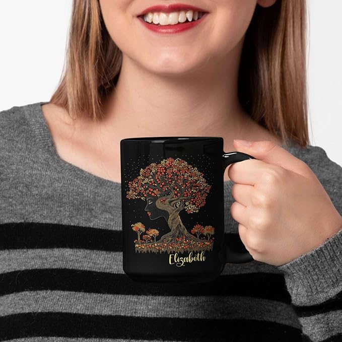 Custom Name Coffee Mug 11oz 15oz, Unique Nature Inspired Coffee Cup for Women, Personalized Vibrant Nature Themed Black Cup, Artistic Tree Ceramic Mug, Gifts for Women's Day-Ruum Studio Home