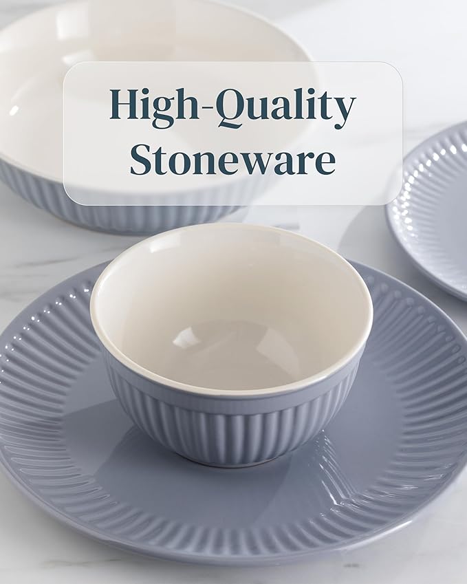 Stoneware Dinnerware Set for 8 People HYGGE 24-Piece - Elegant Scandi Design - Premium Dish Set - Bowl and Plate Set - Tableware for 8 People in a Ribbed Design - Pure Living in Gray-Blue-Ruum Studio Home