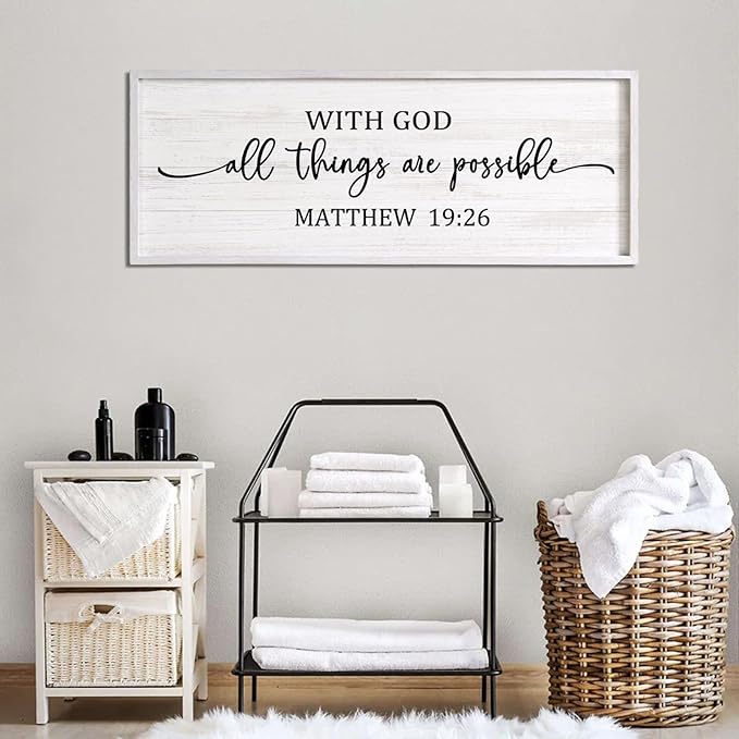 With God All Things are Possible Framed Wall Art, 40''×15'' Vintage Holy Religious Rustic Bible Verse for Christian God Jesus Christ Prayer, Positive Horizontal Inspirational Catholic Scripture Decor-Ruum Studio Home