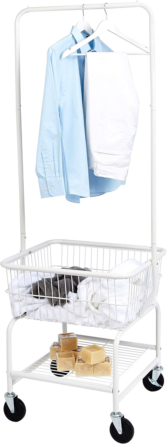 Amazon Basics Rectangular Laundry Hamper Basket Butler Cart with Wheels and Hanging Rack, White-Ruum Studio Home