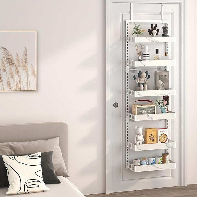 bukfen Over the Door Pantry Organizer, 6-Tier Adjustable Basket Kitchen Pantry Door Organization and Storage, Heavy-Duty Metal Hanging Kitchen Spice Rack,D6.3 x W17.32 x H50.60 inch,White Marble Color-Ruum Studio Home