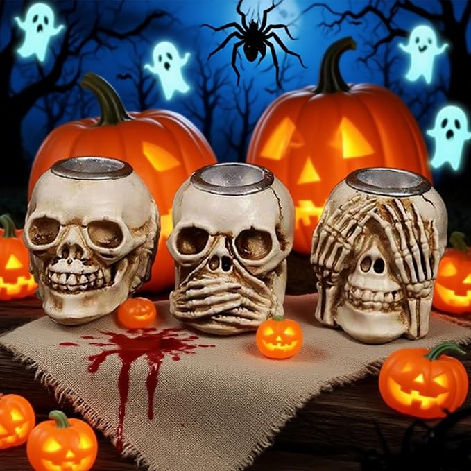 Halloween Skull Candle Holder, Skeleton Head Candlestick Holders Table Decor Centerpiece Candlesticks, Resin Horrible Spooky Creepy Crafts for Flameless Candle Halloween Christmas Home Party, Set of 3-Ruum Studio Home