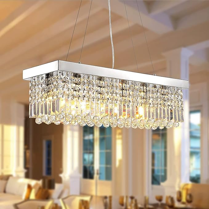 Siljoy 6-Light Modern Crystal Chandelier for Dining Room, Rectangular K9 Crystal Raindrop Chandelier, Rectangle Pendant Ceiling Light Fixture for Living Room Kitchen Island L31.5'' x W10'' x H10''-Ruum Studio Home