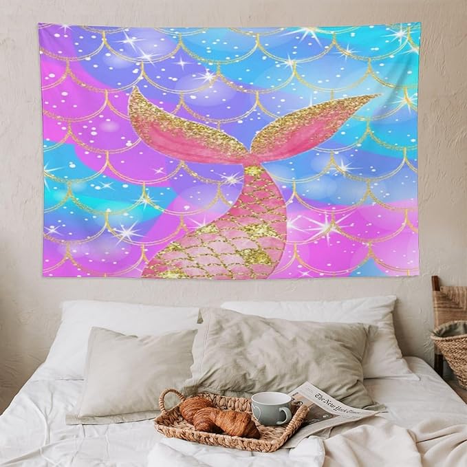 HZOHNAGO Mermaid Scales Tapestry Colorful Shiny Scales Mermaid Tail Pattern Printed Wall Tapestry Wall Hanging for Bedroom Living Room Dorm 90" W x 60" H-Ruum Studio Home