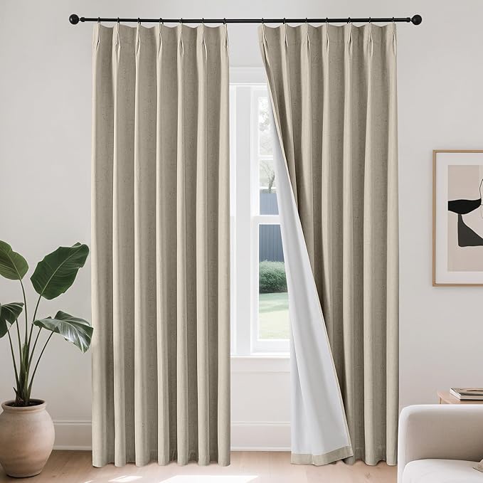 Joydeco 100% Blackout Pleated Curtains, Linen Window Curtains 2 Panel Sets 108 inches Long, Thermal Insulated Darkening Drapes for Bedroom(Cobblestone,40'' Wx108'' L)-Ruum Studio Home