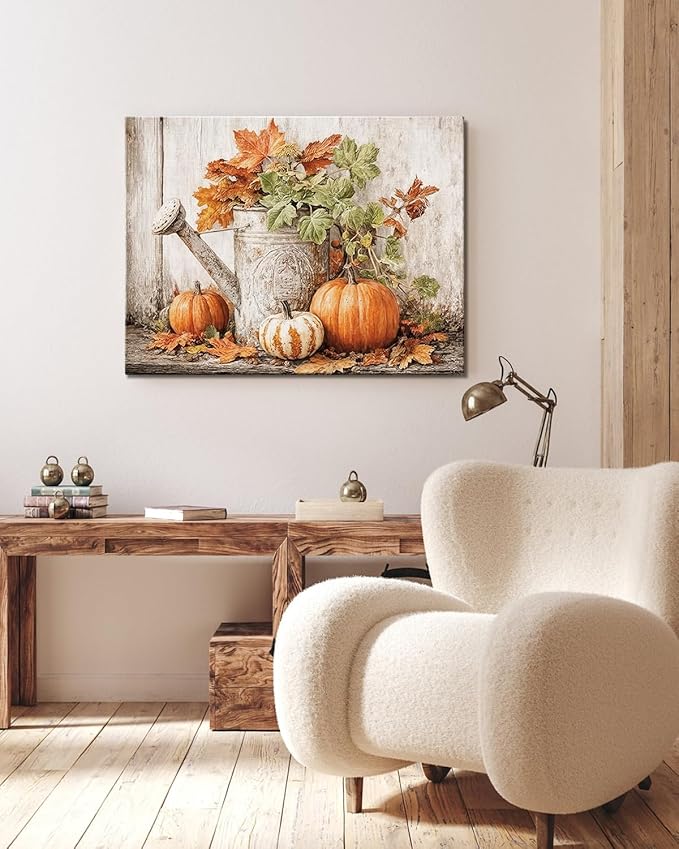 Autumn Pumpkin and Watering Can Canvas Wall Art, Rustic Fall Leaves Print Farmhouse Picture for Thanksgiving Decorations, Fall Wall Art Decor Ready to Hang-Ruum Studio Home