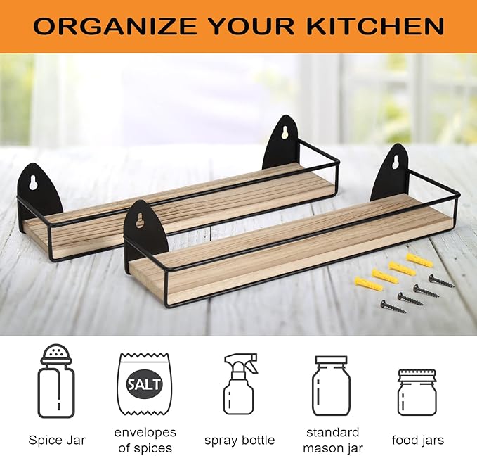 TJ.MOREE 2 Pack Spice Rack Wall Mount Rustic Style Hanging Spice Organizer for Wall, Kitchen Spice Storage-Ruum Studio Home
