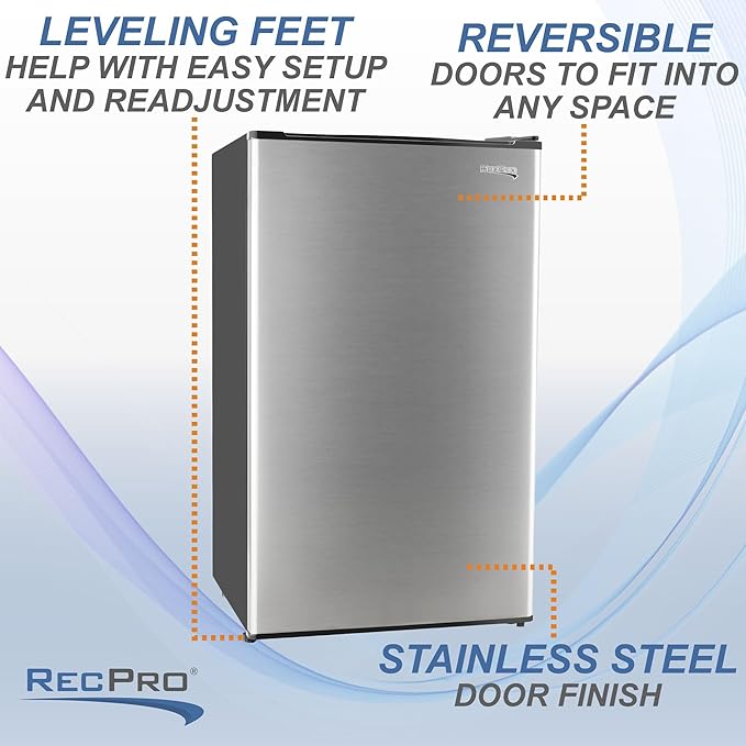 RecPro 3.3 Cu Ft 12V RV Refrigerator | Stainless Steel Frost-Free Fridge with Can Holder | Compact Camper Fridge with Door Storage, 7 Temp Settings | 19”W x 19”D x 32.75”H-Ruum Studio Home