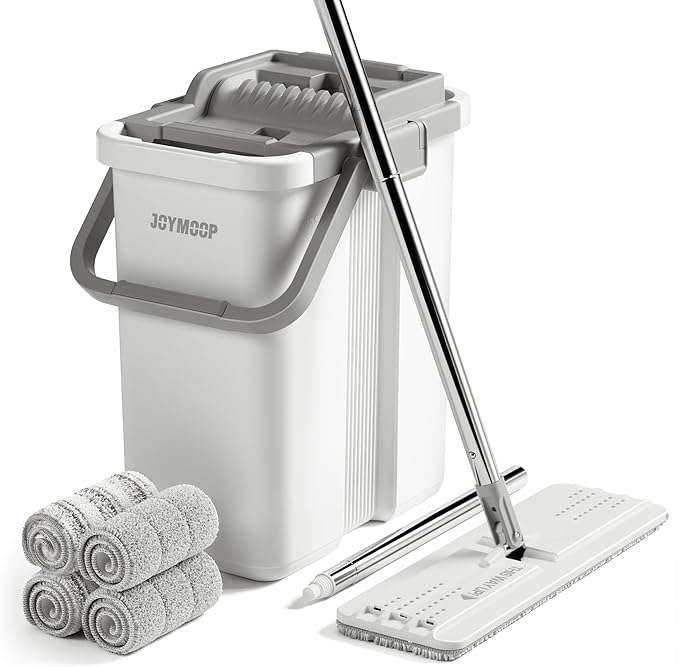 JOYMOOP Mop and Bucket with Wringer Set, Flat Squeeze Mop Flat Head, Dust Mops for Wall Cleaner with Long Handle, Hands-Free Microfiber Mops for Floor Cleaning - White-Ruum Studio Home
