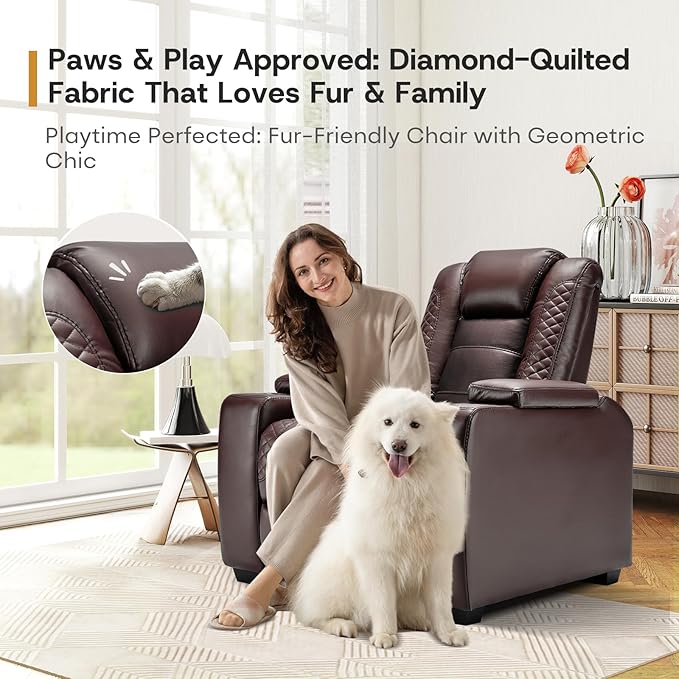 ANJ Power Home Theater Seating, PU Leather Electric Recliner Chair with Powered Headrest, Dual Motors Movie Reclining Chairs with LED Lights,USB Port, Cup Holders, Hidden Arm Storage (Brown)-Ruum Studio Home