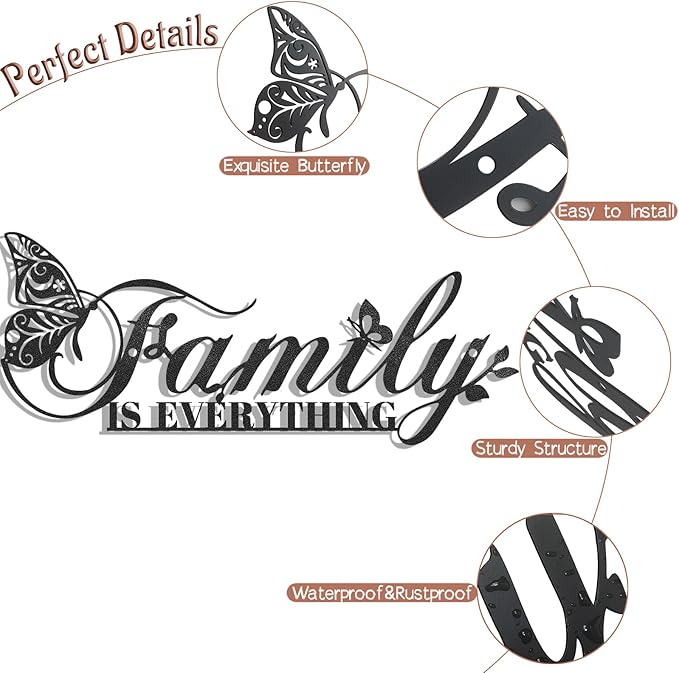 Family Signs Metal Wall Decor, Oppro Family Is Everything Word Sign with Butterfly for Home Decor, Black Art Plaque Letters for Living Room, Dining Room Bedroom Housewarming Mother's Day Father's Day Gift , 17”x6.3”-Ruum Studio Home