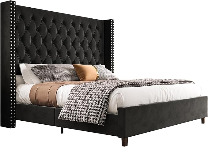 PaPaJet Queen Size Bed Frame with 61.4" Tall Headboard, Velvet Modern Upholstered Tufted Bed for Adults, Handmade Deep Button Tufting, Solid Wood Legs, No Box Spring Required, Black-Ruum Studio Home