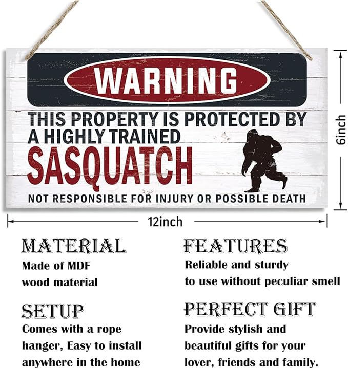 Warning Sign, Sasquatch Warning Wood Plaque Sign, Funny Door Signs, Decorative Wood Hanging Suspension Plaque, Farmhouse Wooden Wall Decor, Outdoor Hanging Wooden Signs-Ruum Studio Home