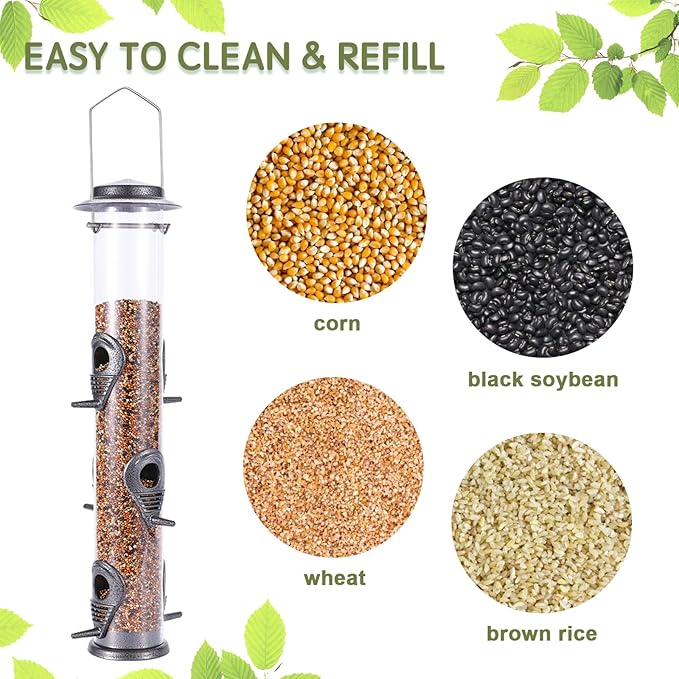 MIXXIDEA 2PK Metal Wild Bird Feeder Squirrel Proof Bird Feeders for Outside Hanging 6 Port Tube Bird Feeder Transparent Finch Feeder with Steel Hanger (Grey)-Ruum Studio Home