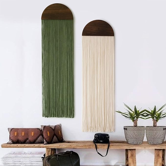 Flber 2 Pcs Macrame Wall Hanging Boho Decor Wall Tapestry Handmade Round Tassel 13.7" W x 51" L For Living Room Bedroom Headboard Decor-Ruum Studio Home