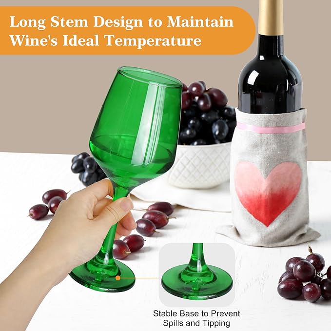 Green Wine Glasses Set of 6-12oz Green Long Stem Wine Glass Cups, Pretty Crystal Glassware, Hand Blown Goblets Drinkware, Unique Drinking Stemware Holiday Gift Set-Ruum Studio Home